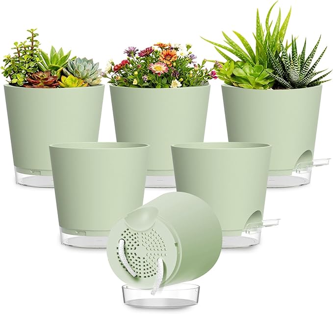 Plant Pots 7 Inch Self Watering Pots, 6 Pack Plastic Planters with Drainage Holes and Clear Saucers,Plastic Flower Pots for Indoor Out Door Plants(Green)