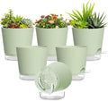 Plant Pots 7 Inch Self Watering Pots, 6 Pack Plastic Planters with Drainage Holes and Clear Saucers,Plastic Flower Pots for Indoor Out Door Plants(Green)