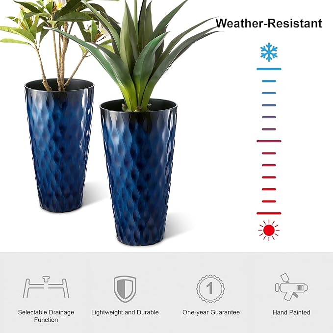 Glitzhome 23.75" H Tall Outdoor Planter, Set of 2 Wavy Texture Cobalt Blue Large Outdoor Planters, with Drainage Hole, Plastic Large Round Decorative Flower Plant Pot for Front Porch, Indoor