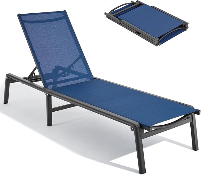 Aluminum Chaise Lounge Chair Outdoor, Foldable & Assembly Free Outdoor Lounge Chair with 5 Position Adjustable Backrest, Patio Pool Lounge Chairs for Outside Poolside Beach Lawn, 1PC, Navy Blue