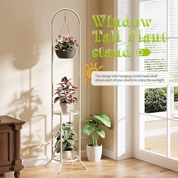 BMOSU Plant Stand with Hooks Indoor Outdoor Corner Tall Plant Stand Heavy-Duty Metal 3-Tier Plant Shelf Holder Rack for Patio Garden Balcony Living Room Bedroom(circular White)