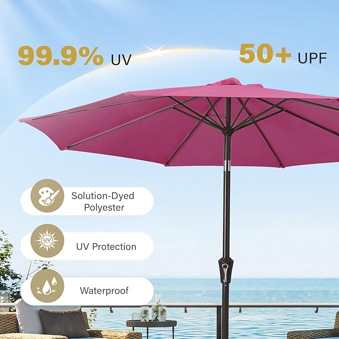 MEWAY 9ft Patio Umbrella Outdoor Table Umbrellas with Push Button Tilt and Crank, Market Umbrella 8 Sturdy Ribs for Deck, Garden, Pool and Backyard, Pink