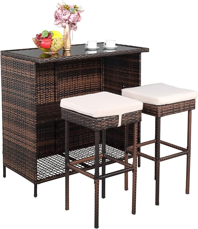 Outvita Wicker Patio Outdoor Bar Set with Glass Top Table and Two Cushioned Stools Brown Backyard Furniture Poolside, Garden, Porches
