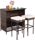 Outvita Wicker Patio Outdoor Bar Set with Glass Top Table and Two Cushioned Stools Brown Backyard Furniture Poolside, Garden, Porches