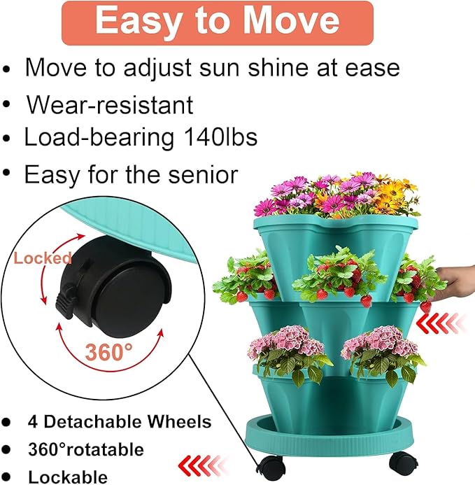 Vertical Planter 3 Tier Stackable Planters Garden Planters Strawberry Herb Flower and Vegetable Planter Indoor Outdoor Gardening Pots with Removable Wheels and Tools