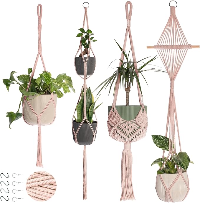 Nook Theory 4-Pack Macrame Plant Hangers with 8 Hooks - Hanging Planters for Indoor Plants, Boho Macrame Hangers Indoor Outdoor, Decorative Plant Hanger Indoor (Pearl)