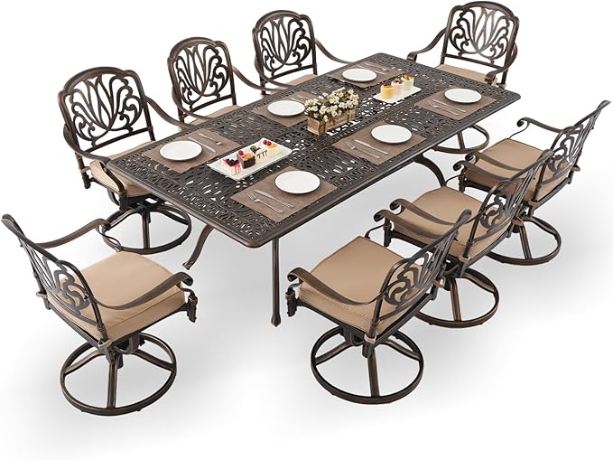 9-Piece Cast Aluminum Patio Furniture, Outdoor Dining Sets for 8 Include 87" Rectangular Patio Dining Table and 8 Swivel Chairs with Cushions & Umbrella Hole(Bronze)