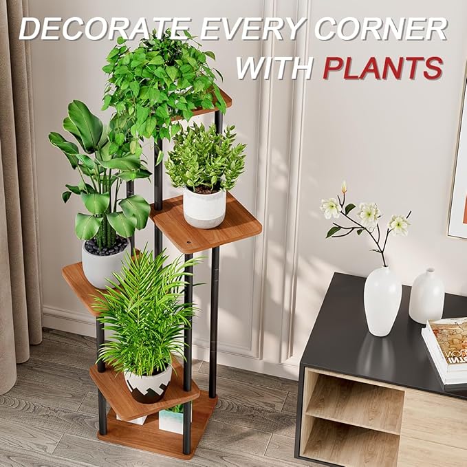 AZERPIAN Plant Stand 5 Tier Indoor Metal Flower Shelf for Multiple Plants Corner Tall Flower Holders for Patio Garden Living Room Balcony Bedroom, Walnut (5 Tier-Walnut)