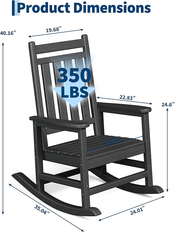 HDPE Rocking Chair Outdoor Set of 2 - Poly High Back Porch Rocker Chairs for Adults - All Weather Resistant Furniture for Patio Front Porch - Black