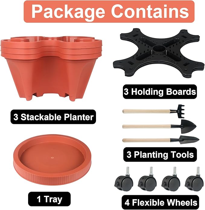 GameXcel Vertical Planter 3 Tier Stackable Planters Garden Planters Strawberry Herb Flower and Vegetable Planter Indoor Outdoor Gardening Pots with Removable Wheels and Tools 2-Pack