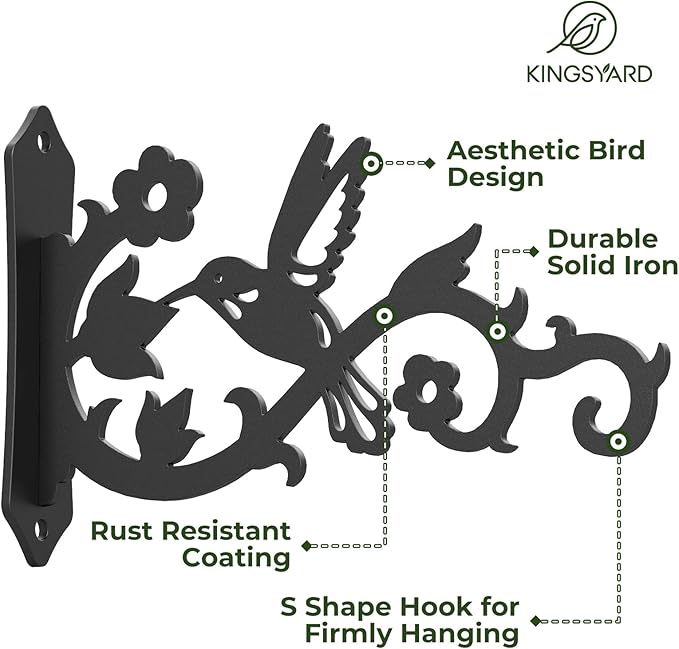 Kingsyard 2-Pack Wall Plant Hangers Outdoor Indoor, 8 Inch Heavy Duty Solid Metal Brackets with Bird Design, Anti Rust Plant Hooks for Plants, Bird Feeders, Lanterns, Wind Chimes, Hummingbird Design