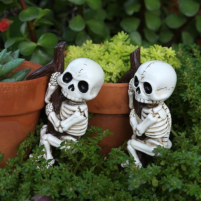2-Piece Set Skeleton Pot Huggers for Planters, Climbing Flower Pot Hugger, Halloween Hanging Plant Decorations for Pots, Cute Plant Pot Decorations for Home Garden Patio Fence Lawn Yard (Skeleton)