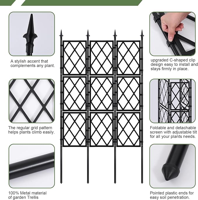 5.25FT Garden Trellis for Climbing Plants Outdoor, Black Iron Pipe Support Fence,Metal Wall Lattice Climbing Frame for Potted Plants Indoor for Ivy Vines Vegetable Flower, Patio, Lawn, Yard, Backyard