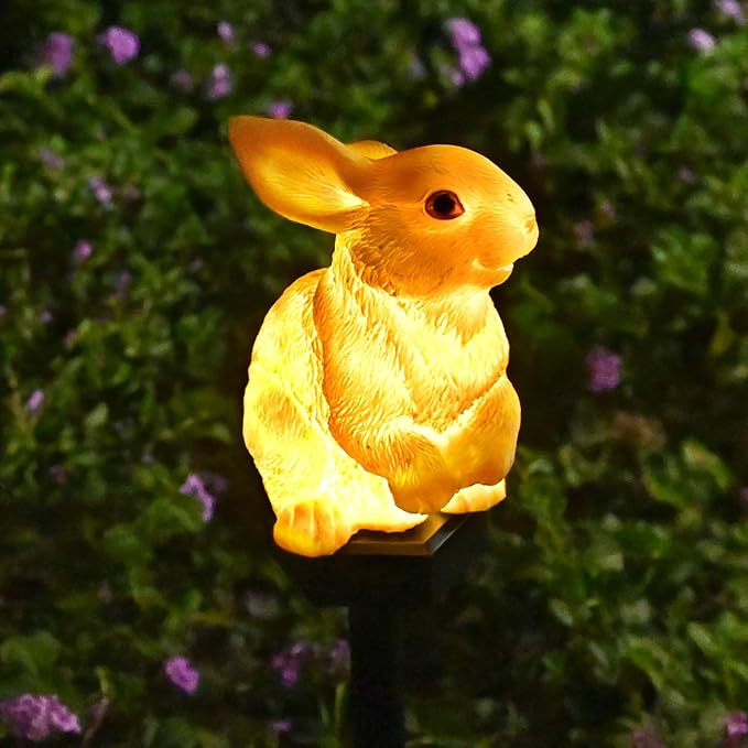 Bunny Garden Ornaments Rabbit Solar Decor Outdoor Statue Lawn Yard Decorations Outside Animal Stake Waterproof Patio Cute Brown Hare Figurines Gifts Idea