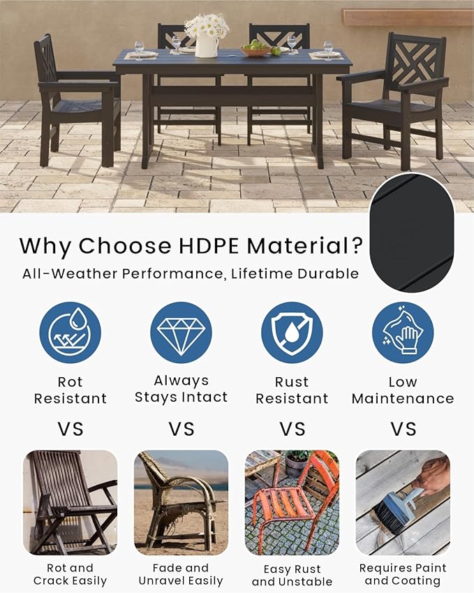 5-Piece Outdoor Dining Set, HDPE All-Weather Patio Table and Chairs Set for 4, Outdoor Patio Furniture Sets with Umbrella Hole for Outside, Deck, Backyard, Garden (Black)
