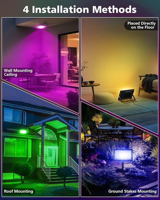 T-SUN Christmas Led Flood Light 60W, Outdoor Waterproof Color Changing Uplight for Stage Landscape Party, RGBW Dimmable Smart Floodlights 16 Million Colors&Timing& Music Sync, US Plug (4 Pack)