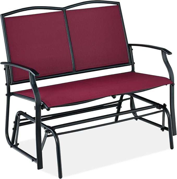Best Choice Products 2-Person Outdoor Patio Swing Glider Steel Bench Loveseat Rocker for Deck, Porch w/Textilene Fabric, Steel Frame - Burgundy/Black
