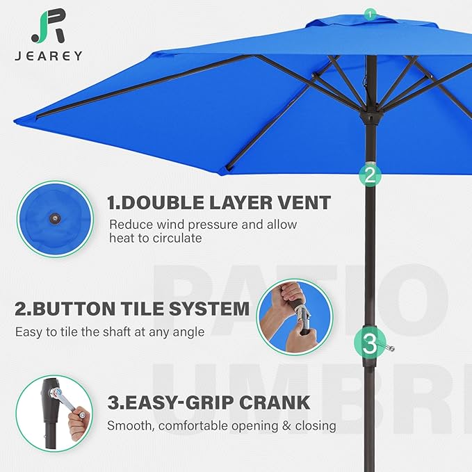 JEAREY 7.5FT Patio Umbrella Outdoor Market Umbrella with 6 Sturdy Ribs, Push Button Tilt/Crank Table Umbrella for Garden, Deck, Backyard and Pool, Royal Blue