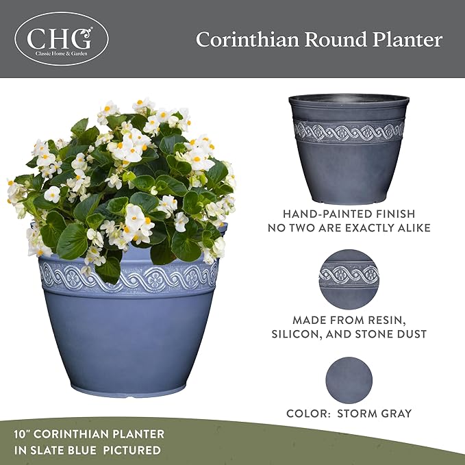 Classic Home and Garden Corinthian Round Resin Flower Planter Pot, Storm Gray 8" (Pack of 3)
