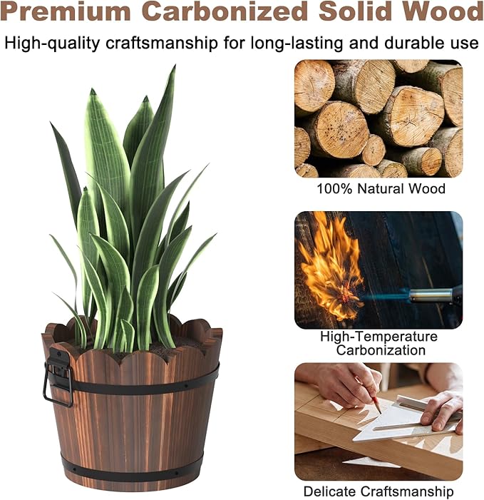 Wooden Bucket Barrel Planters, Rustic Patio Planters Flower Pots for Plants Indoor Décor, Set of 3