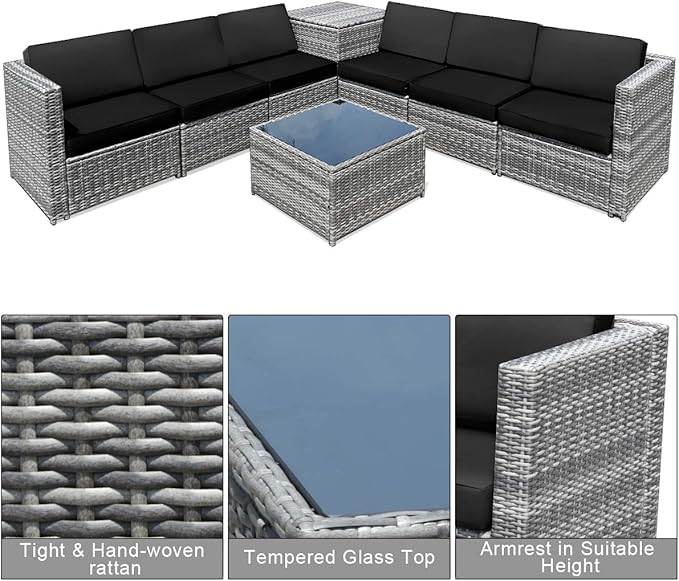 Tangkula 8 Pieces Wicker Patio Furniture Set with Storage Deck Box, PE Rattan Outdoor Sectional Sofa Conversation Set with Coffee Table & Cushions, Outside Furniture for Garden Yard Poolside (Black)