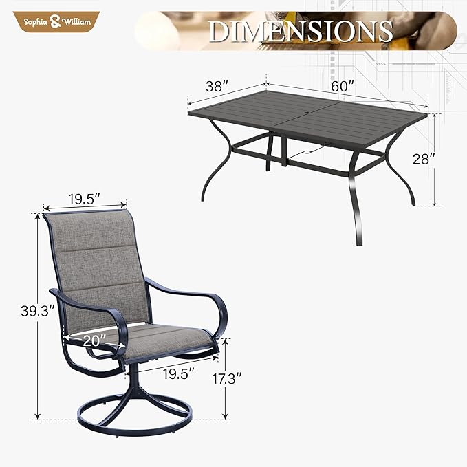 Sophia & William Patio Dining Set 7 Pieces, 6 x Patio Dining Swivel Chairs Padded with 1 Umbrella Table, Outdoor Table and Chairs for Lawn Garden