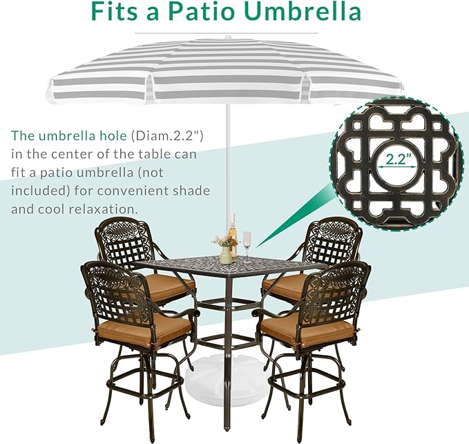 VIVIJASON 5-Piece Bar Height Patio Dining Set, Rust-Free Cast Aluminum Outdoor Table and Chairs Set with 4 Swivel Bar Stools, Cushions & 35.4" High Bar Table w/Umbrella Hole for Deck, Lawn, Garden