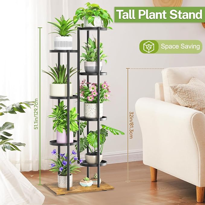 iDavosic.ly 7 Tier Plant Stand Indoor Outdoor, Tiered Corner Multiple Flower Pot Holder Shelf, Metal 51 Inch Tall Display Rack for Patio Porch Living Room Garden Balcony, Modern Black & Rustic Brown