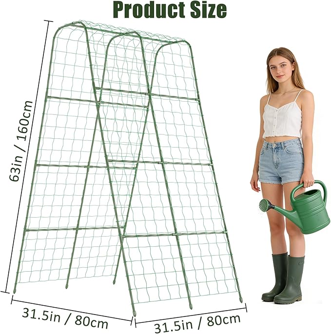 Miory Cucumber Trellis for Raised Beds, 32 x 63 Inch Metal U-Frame Garden Trellis for Climbing Plants Outdoor with Climbing Net, Plant Support for Cucumber Tomato Bean Pea