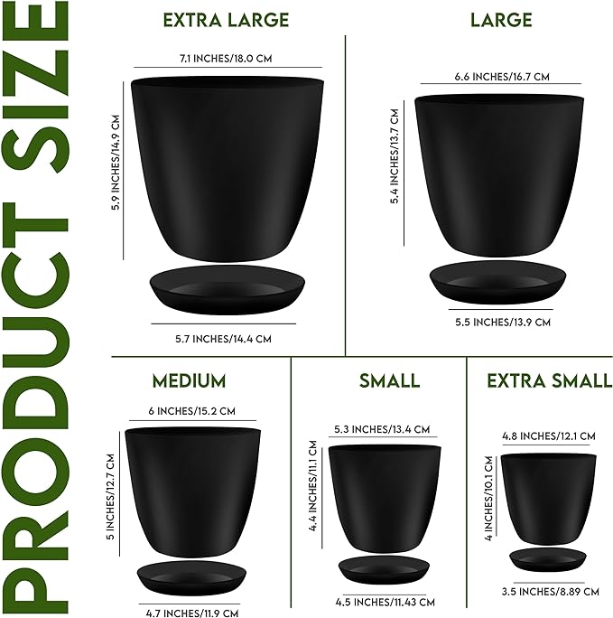 Utopia Home - Plant Pots Indoor with Drainage - 7/6.6/6/5.3/4.8 Inches Flower Pots for Indoor Planter - 5 Pack Plastic Planters - Ideal for Stocking Stuffers or Home Christmas Decorations - Black