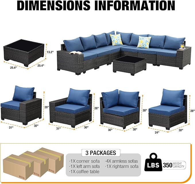 8 Pieces Patio Furniture Set All-Weather Outdoor Wicker Sectional Conversation Sofa Rattan Patio Seating Sofa with Cushion and Glass Table for Porch Poolside,Navy