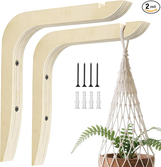 Wooden Plants Hanger, Plant Hangers Indoor Wall Mount, 8.58-Inch Hanging Plant Hooks For Wall, Basket Hooks for Lanterns, Flower Bracket, Wind Chimes, Lamp, Bird Feeders, Patio Decor(wood color 2PCS)