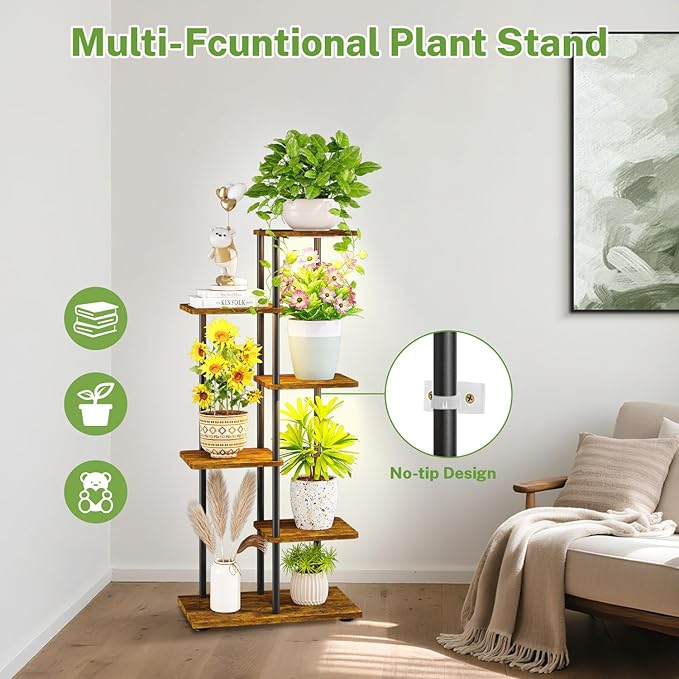 iDavosic.ly 5 Tier Plant Stand Indoor with Light, Tiered Corner Metal Wood Multiple Flower Holder Shelf, 42 Inch Tall Orchid Display Grow Rack for Living Room Bedroom, Modern Black & Rustic Brown