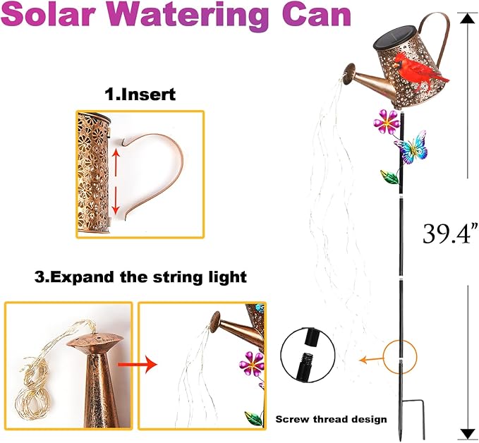 Solar Watering Can with Lights Outdoor Garden, 41in Large Red Cardinal Garden Stake Lights, Waterproof Decoration for Yard Lawn Pathway, Gifts for Mom Grandma Women Birthday Gardening Gift