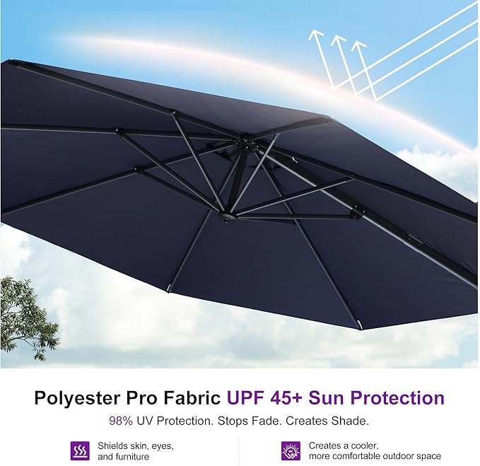 PURPLE LEAF 11 Feet Patio Round Cantilever Umbrella with Base Outdoor Aluminum Offset Umbrella with 360-degree Rotation for Pool Patio Garden Deck Navy Blue