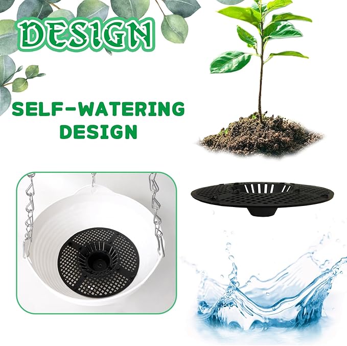 4 Pack 8 inch Plastic Self Watering Hanging Planters,Round Hanging Basket Planter with Drainer and Metal Chain,White Garden Flower Plant Pot Container for Indoor Outdoor Plants