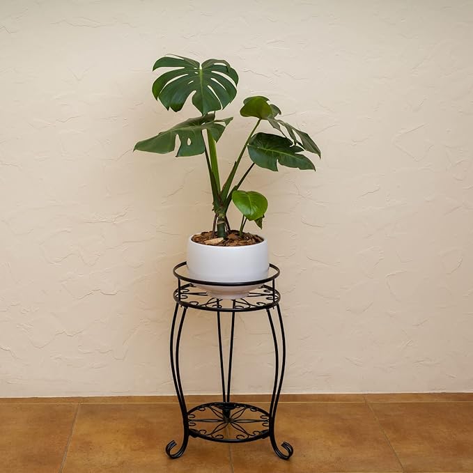 FaithLand 2 Pack Plant Stands, Heavy Duty Metal Planter Holder Indoor Outdoor, 2 Tier Round Potted Supports Rack, Corner Display Shelf Black