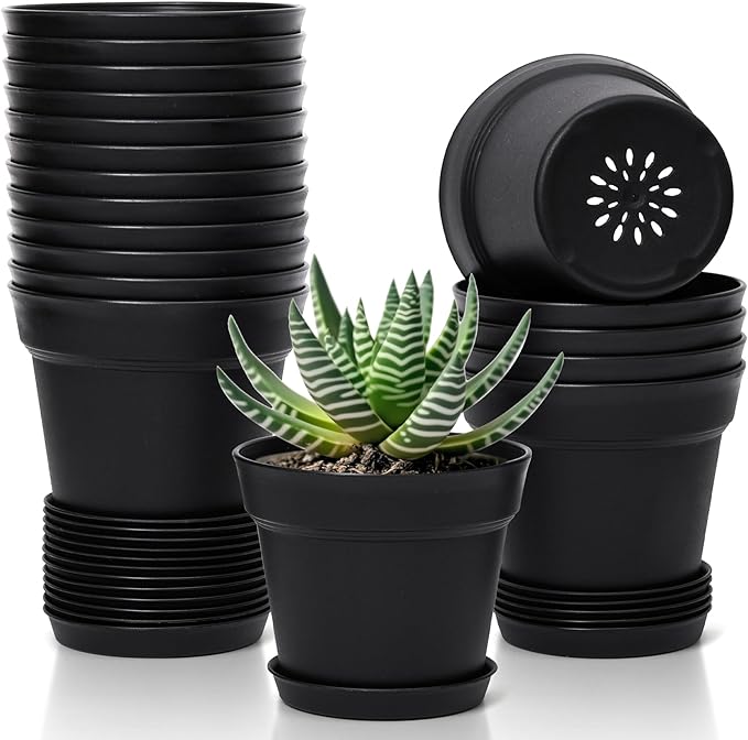 T4U Flower Pots 18-Pack, 5 Inch Plant Pot with Saucer and Drainage Hole, Durable Plastic Flower Pots, Small Pots for Plants, Violet, Succulent and Indoor Plant Decorative (18 Pack 5" Pot, Black)