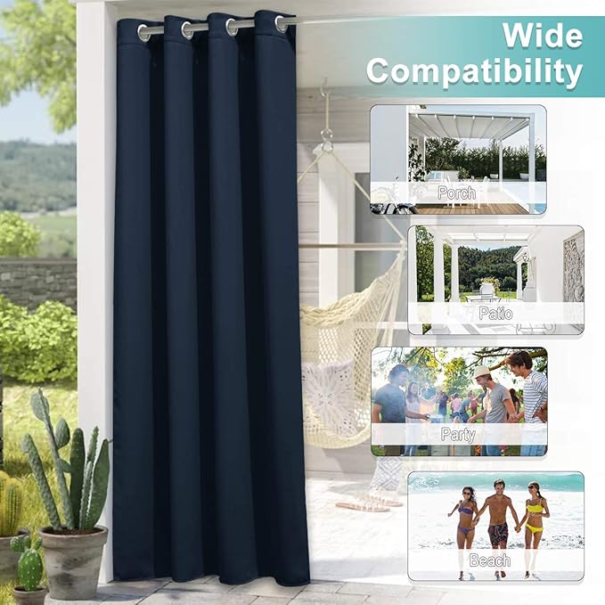 NICETOWN 2 Panels Patio Curtains for Outdoor Waterproof, Home Fashion Machine Washable Stainless Steel Ring Top Thermal Insulated Room Darkening Privacy for Balcony, 52" W x 108" L, Navy Blue