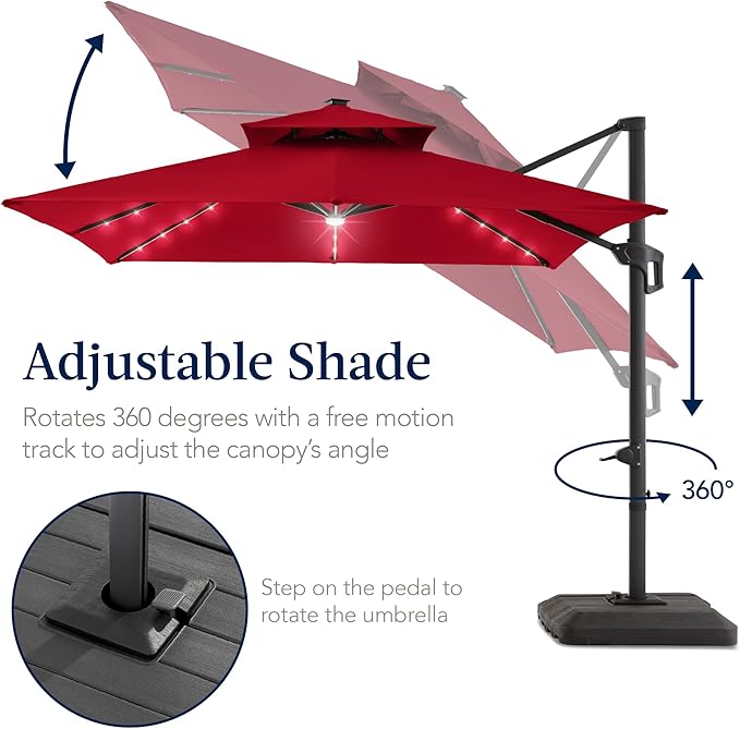 Best Choice Products 12x12ft LED Cantilever Patio Umbrella w/Base Included & 360° Rotation, Large Solar Offset Hanging Outdoor Sun Shade for Deck, Backyard Table w/Stand & Lights – Red
