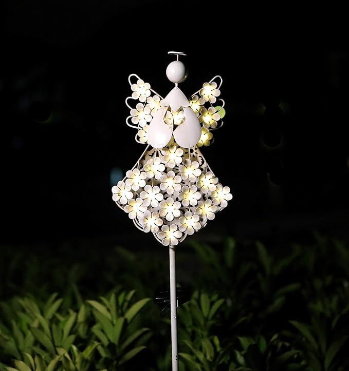 Solar White Angel Garden Stake Lights - Metal Hydrangea Memorial Gift With 27 LEDs - Perfect for Remembrance and Sympathy (7.7" W x 40.5" H)