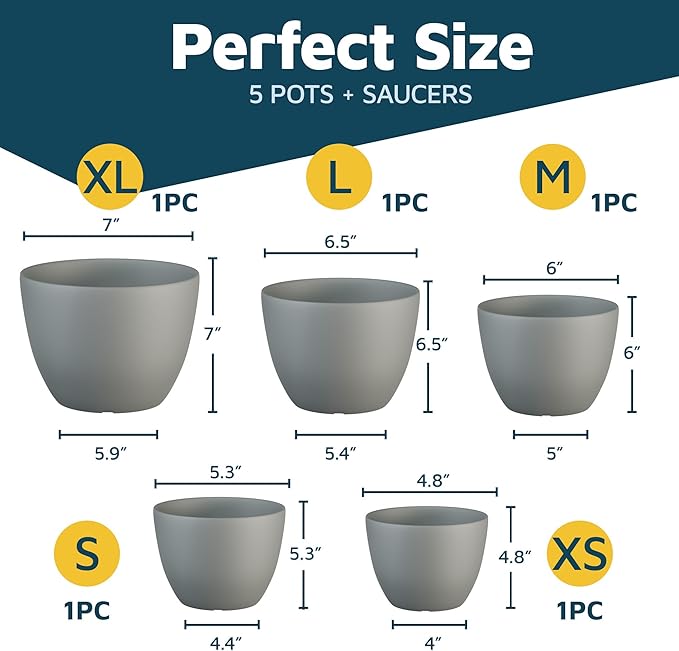 Planter Pots with Drainage Holes - Lightweight, Durable & Space-Saving Pots for Indoor and Outdoor - Versatile Functionality, Simple Modern Design, Set of 5 Plastic Planter Pots - Gray