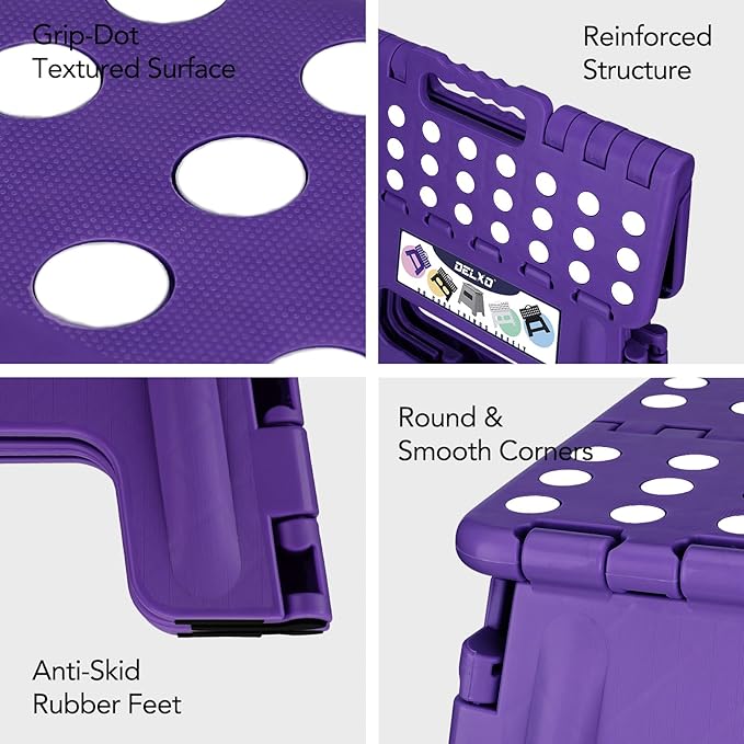 Delxo Folding Step Stool, 13 inch Non-Slip Foldable Stools Up to 300 LBS, Step Stool with Handle, Lightweight for Kitchen, Bathroom, Bedroom, Garden, Purple, 1PC