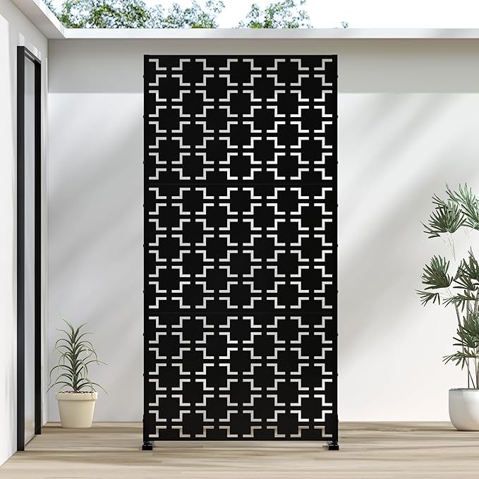 Casaphoria Metal Privacy Screen Outdoor, 72" H x 35" W Freestanding Decorative Privacy Screen for Patio Deck Balcony Garden with Stable Base, Black-Square