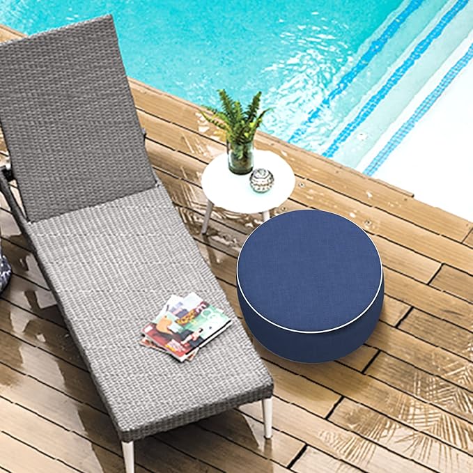 LVTXIII Outdoor/Indoor Inflatable Ottoman, All Weather Water-Repellent Round Footrest Stool with Handle, D21”x H9” Portable Pouf for Patio Garden Camping or Home-Navy Textured