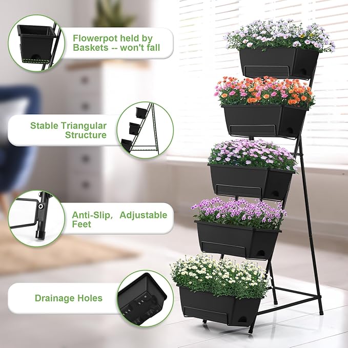 5 Tier Vertical Raised Garden Bed Planter Box, Vertical Raised Bed with Drainage Holes for Indoor Outdoor Herbs Flowers Vegetables Plants, Black