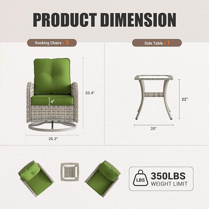 9-Piece Outdoor Patio Furniture Set with Rocking Swivel Chair Wicker Sectional Sofa Set, Patio Conversation Set with Thickened Cushions & Coffee Table for Garden, Backyard, Avocado Green
