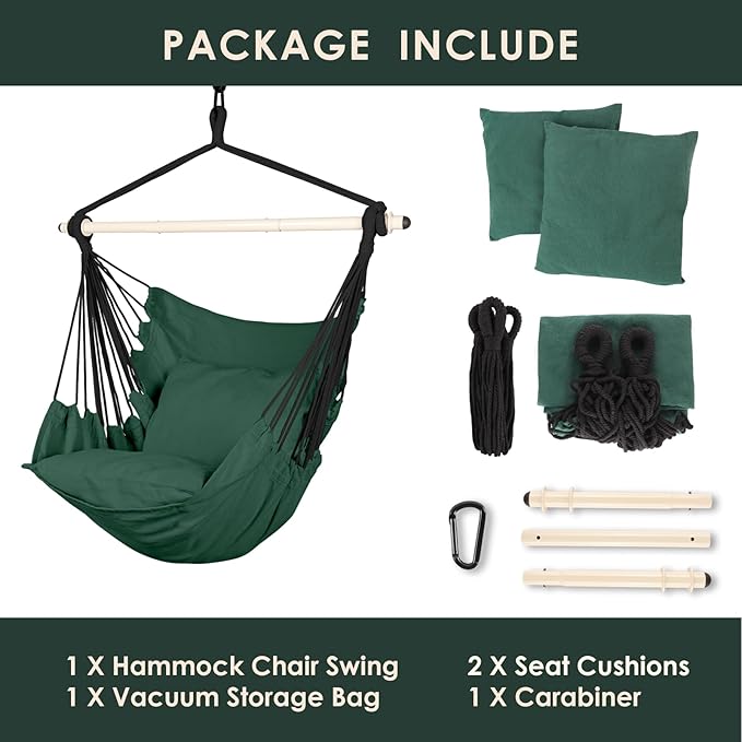 Highwild Hammock Chair Hanging Rope Swing - Max 500 Lbs - 2 Cushions Included - Steel Spreader Bar with Anti-Slip Rings - for Any Indoor or Outdoor Spaces (D- Cushions Included-Green)