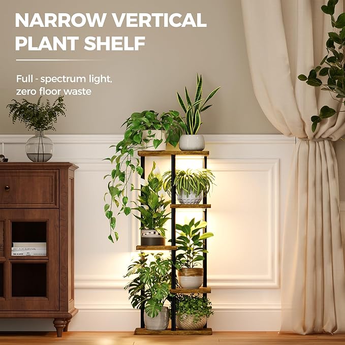 Bamworld Indoor Plant Stand with Grow Light Corner 5Tier Metal Plant Shelf Wood Flower Stand for Home Living Room Decor Patio Decor