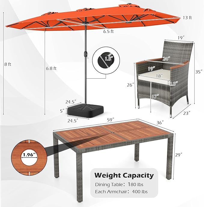 Tangkula 9 Pieces Rattan Outdoor Dining Set with 13Ft Solar Patio Umbrella for 6, Outdoor Wicker Table Set with 8 Cushioned Chairs, Acacia Wood Top, Outdoor Umbrella with Base Included